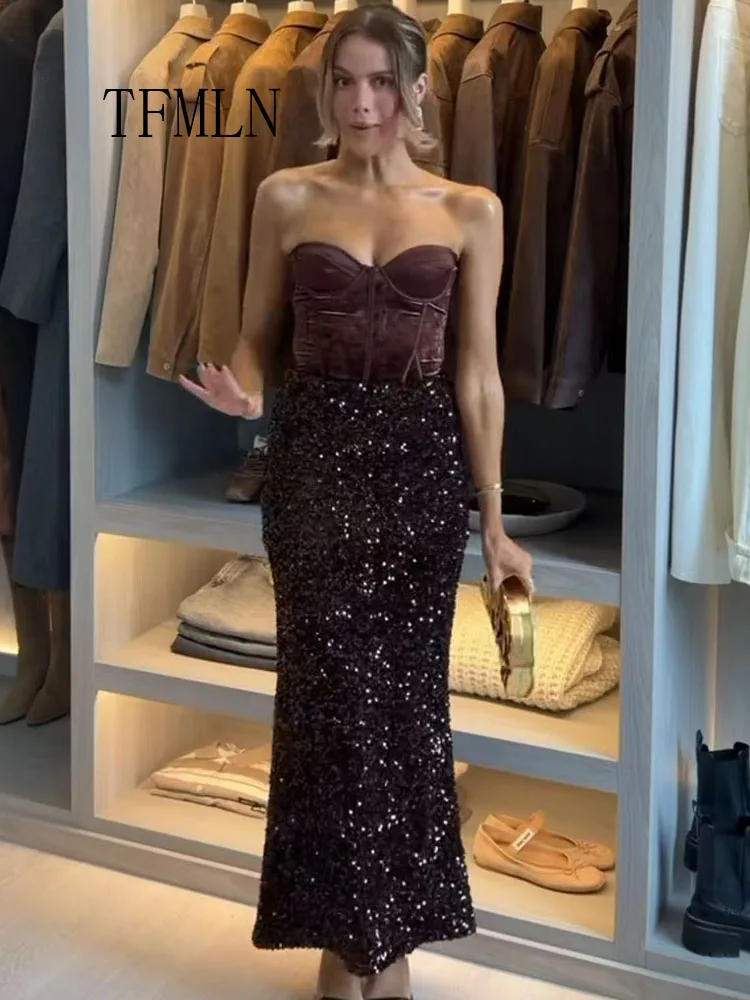 TFMLN femmes élégantes paillettes mince jupes décontractées 2026 printemps mode soirée jupes rétro Sexy femme vêtements de noël