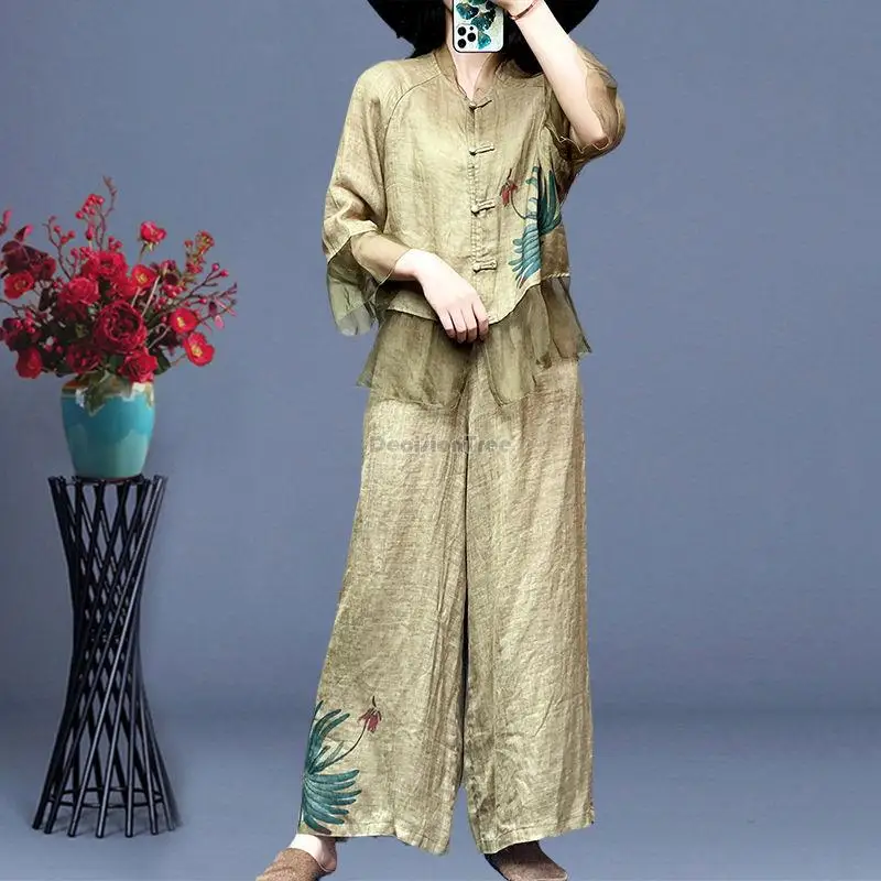 2023 summer chinese national style printed disc button stand collar ramie patchwork blouse long pants casual set female s335