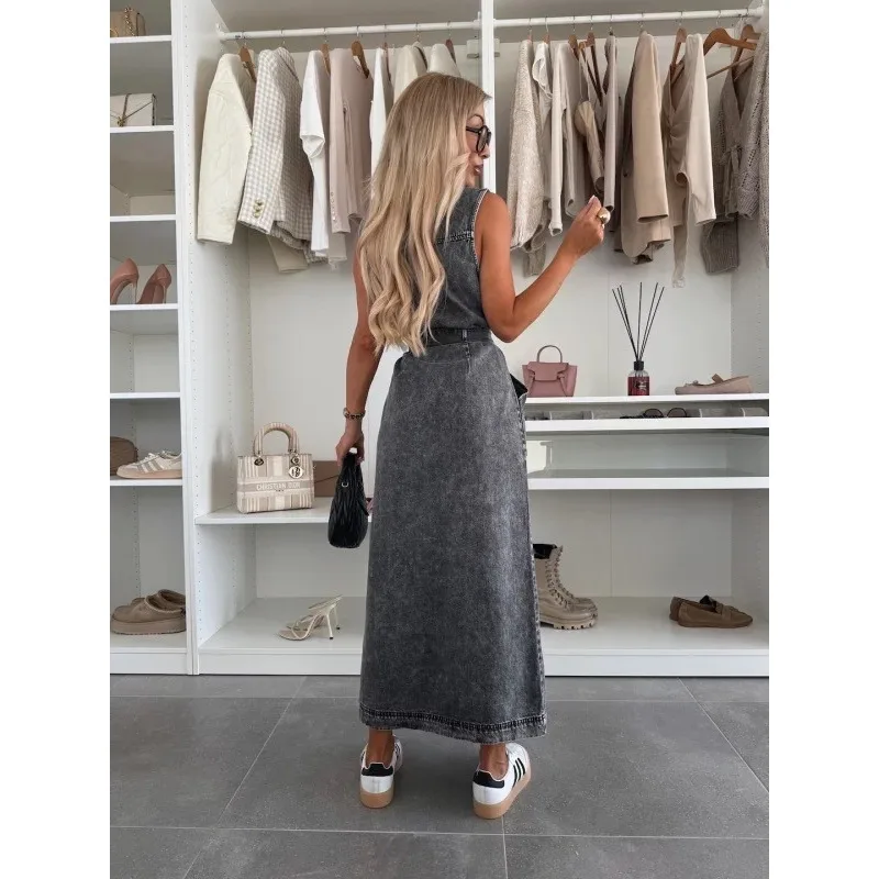 Robe longue en Denim pour femmes, Vintage, Corset, avec poche, élégante, Y2K, sans manches, col rabattu, ceinture à boutons, style Boho, balançoire