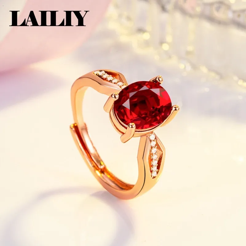 LAILIY925 Sterling Silver Rose Gold Oval Pigeon Blood Red Diamond Adjustable Ring for Women Fashion Jewelry - view 2