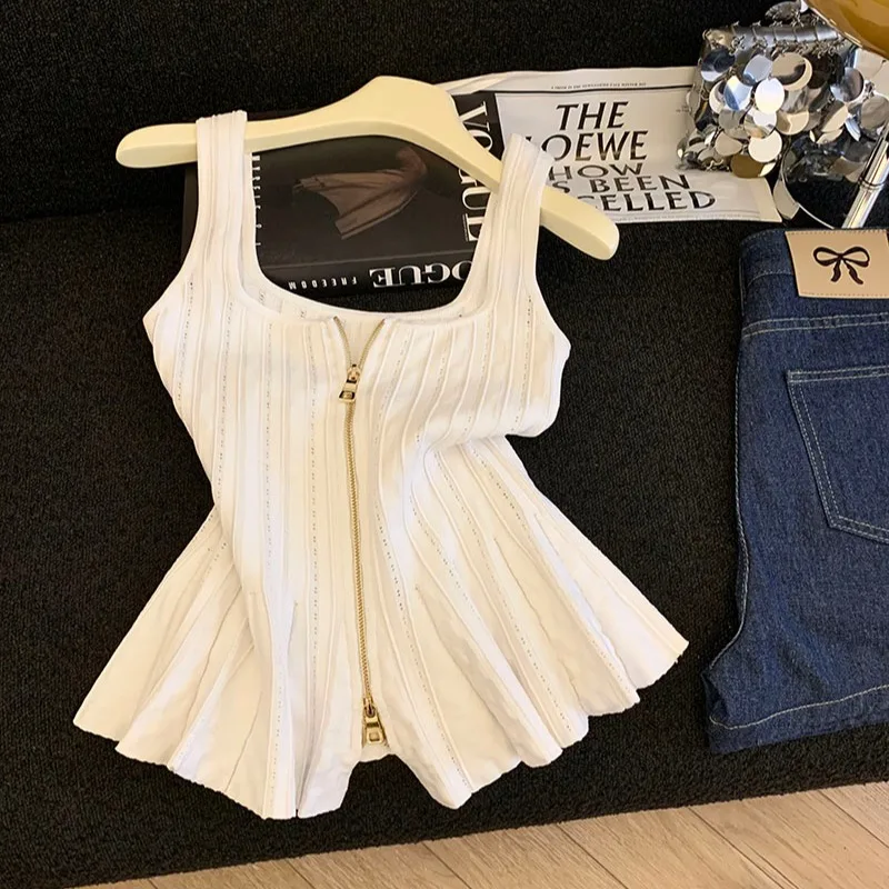 Summer New Design Women's Sleeveless Knitted Strap Dress Zipper Waist Inward Short Top Korean Style Commute Pure Color
