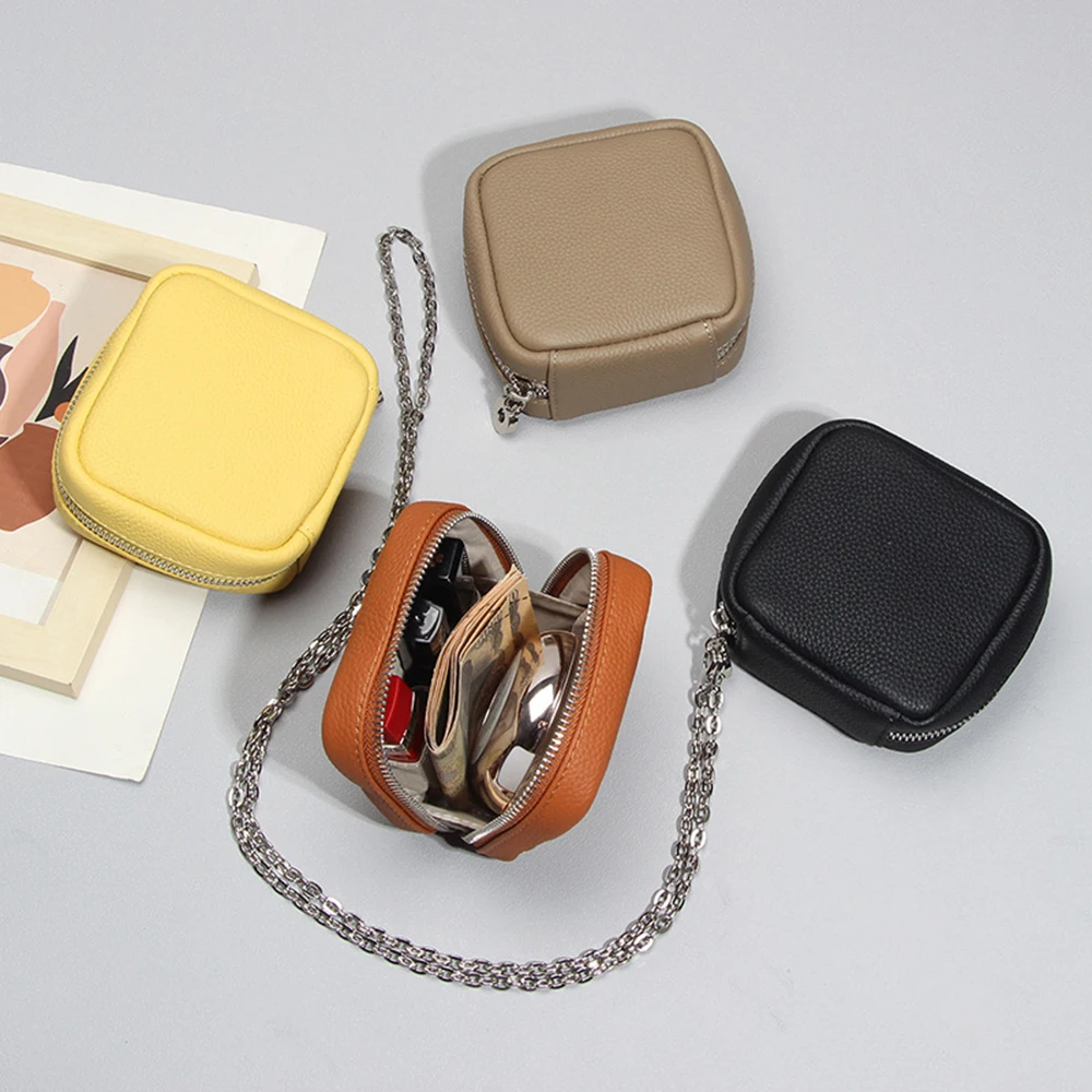 

Портативная кожаная мини-косметичка для женщин, уличная сумка-органайзер для помады, наушников, украшений, с цепочкой, через плечо, маленькая сумка