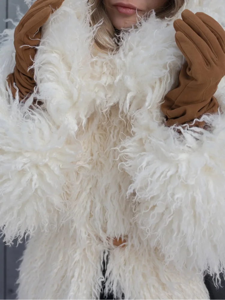 Women Creamy White Faux Fur Coat With Lapel Collar Full Sleeve Waist-cinching Fuzzy Jacket 2026 Autumn Winter New Warm Outfits