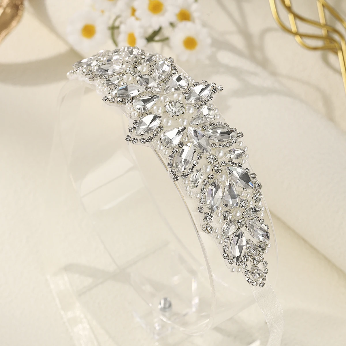 حزام زفاف فضي عالي التحمل لؤلؤ فاخر مزين بالزهور على الطراز الكوري حزام خصر إكسسوارات فستان أحجار الراين وشاح للنساء