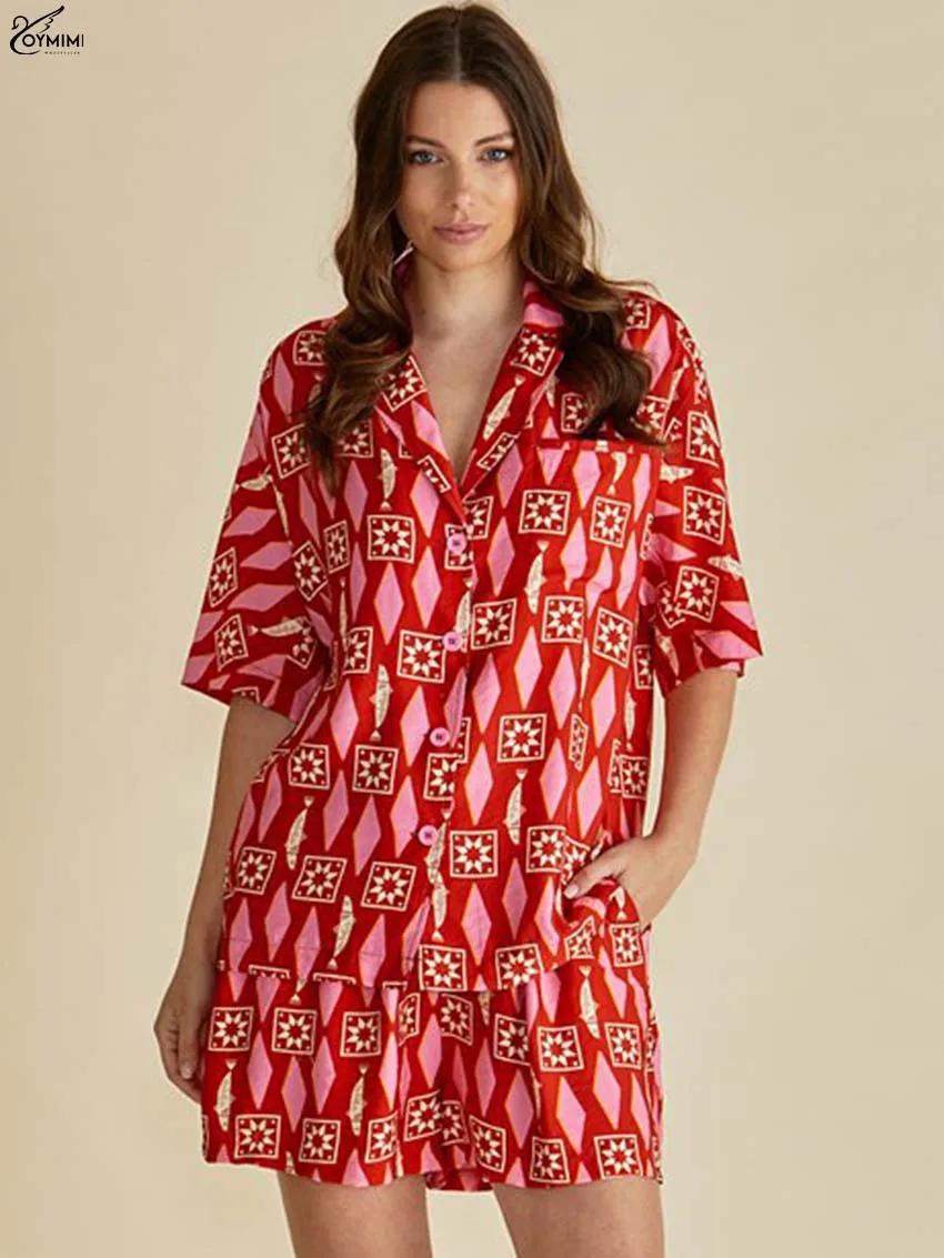 

Элегантные красные комплекты из двух предметов с принтом Oymimi, модные женские рубашки с короткими рукавами и шорты с высокой талией и карманами