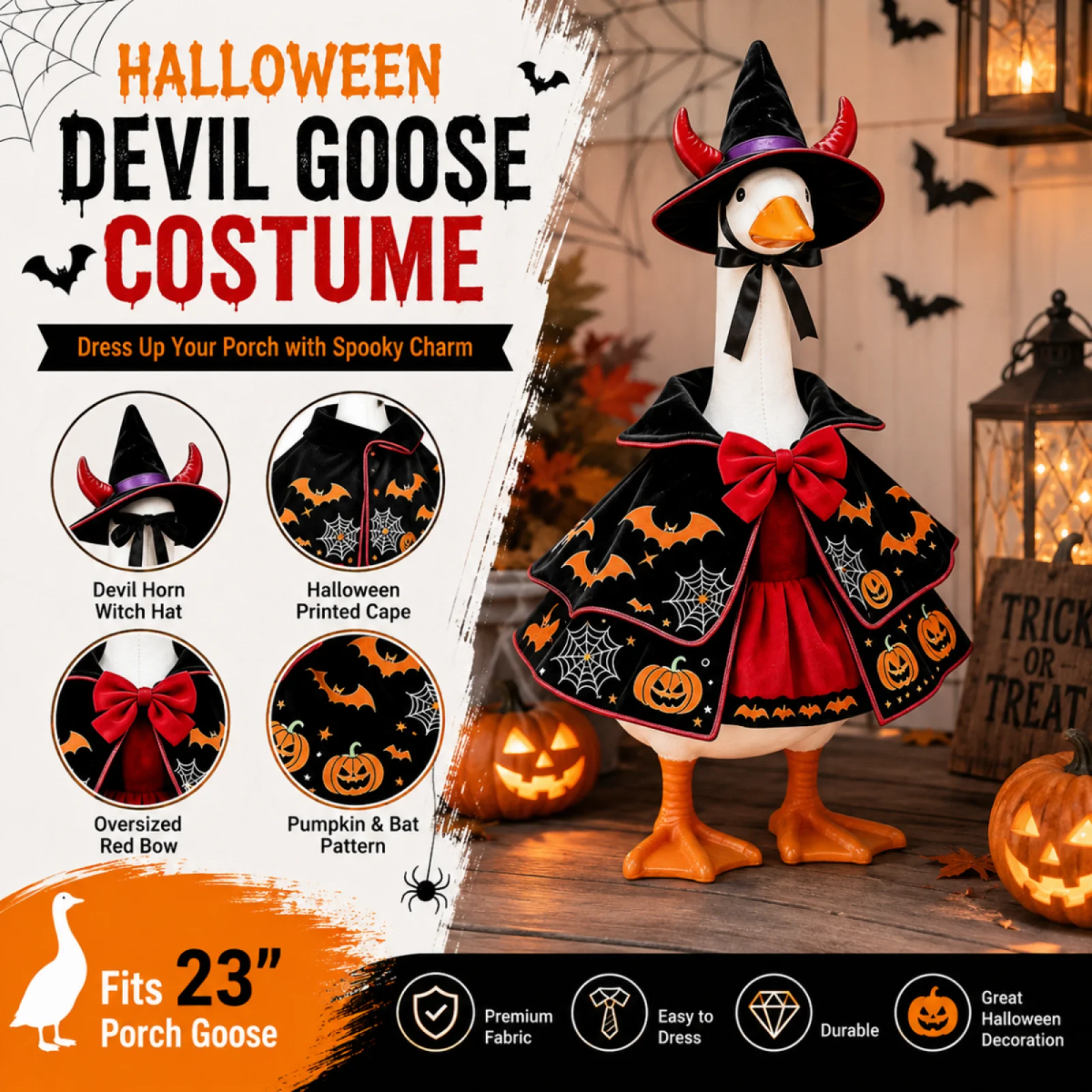 Halloween Witch Outfit for 23 in Goose Statue Cape Dress Horn Wizard Hat