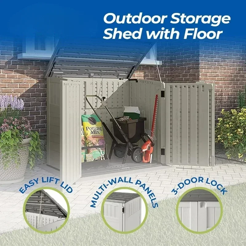 34 Cu Ft Capacity Horizontal Outdoor Storage Shed for Garbage Cans, Garden Accessories, Backyard, and Patio Use, Vanilla