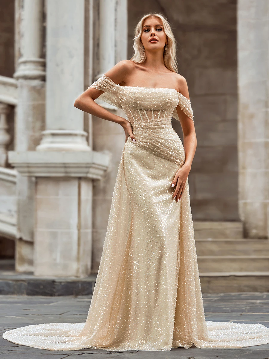 FATAPAESE Off-the-Shoulder Wedding Dress Glitter Beadings and Stones Pleated Cathedral Train Corset Convertible Bridal Dress