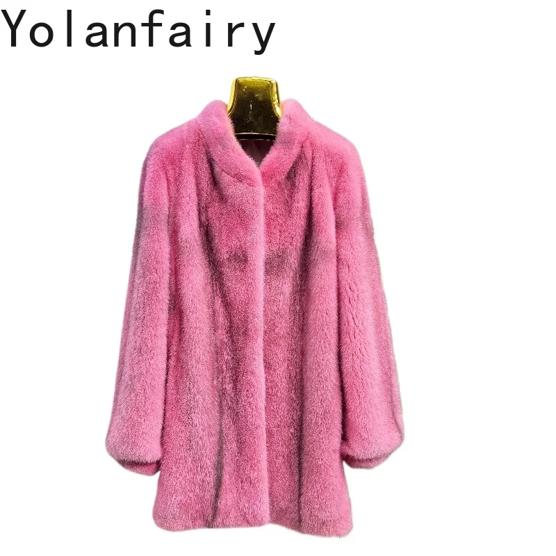 YOLANFAIRY معطف فرو المنك الطبيعي الكامل للنساء للشتاء متوسط الطول معاطف من الفرو الحقيقي للنساء سترة من المينك ملابس خارجية وردية Fourrure