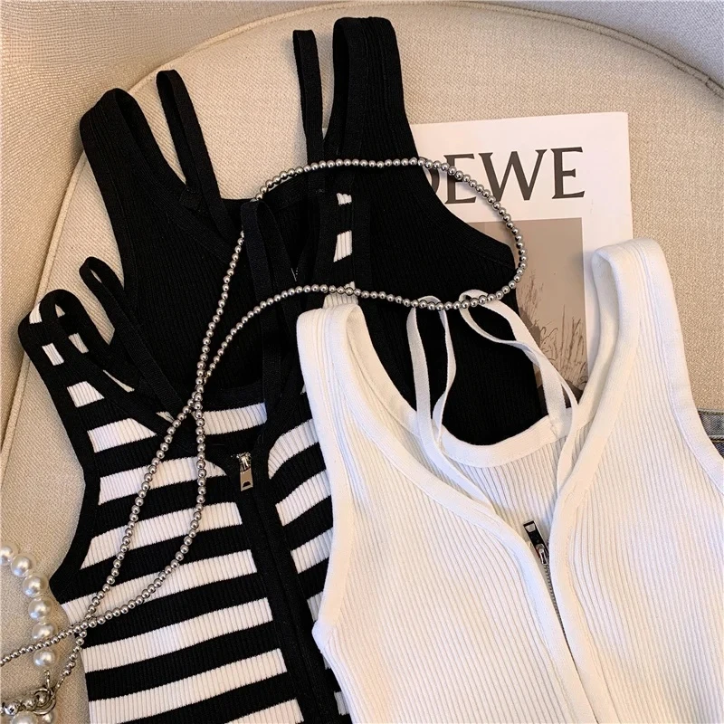 Women Tanks Cropped Zipper Vintage Summer Striped Holiday High street Spicy Girls Slim Strap Japanese Style Slouchy Commuting