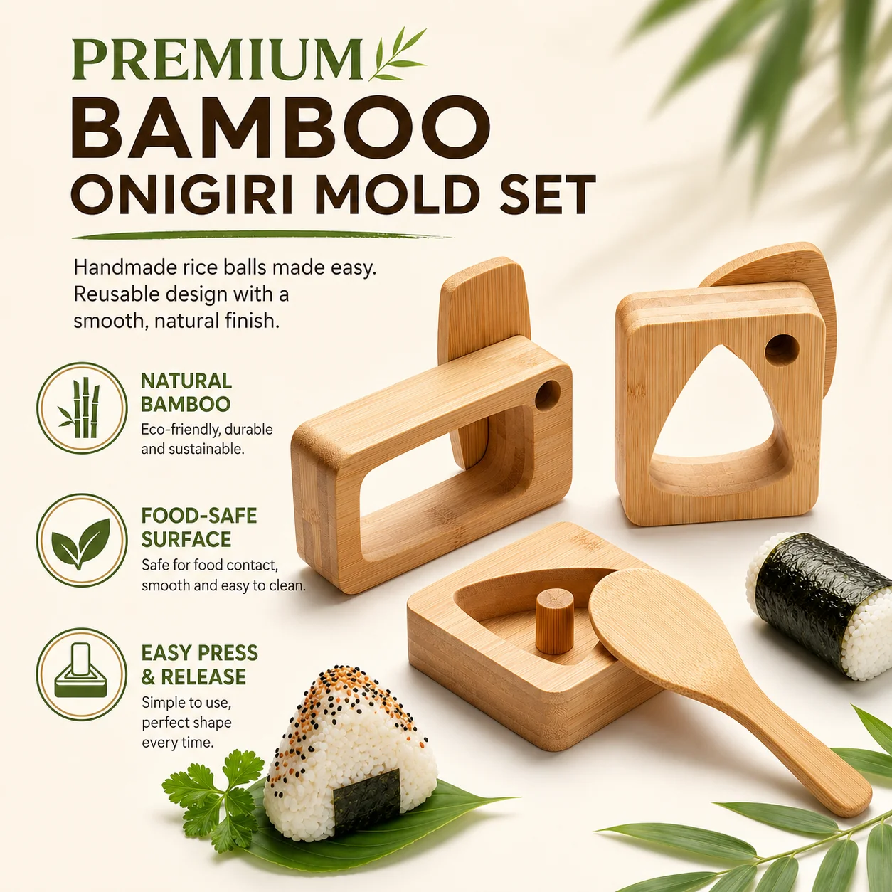 Natural Bamboo Onigiri Mold Set Triangle Sushi Maker Press Tool Eco Friendly DIY Rice Ball Maker For Bento Lunch Box Accessories