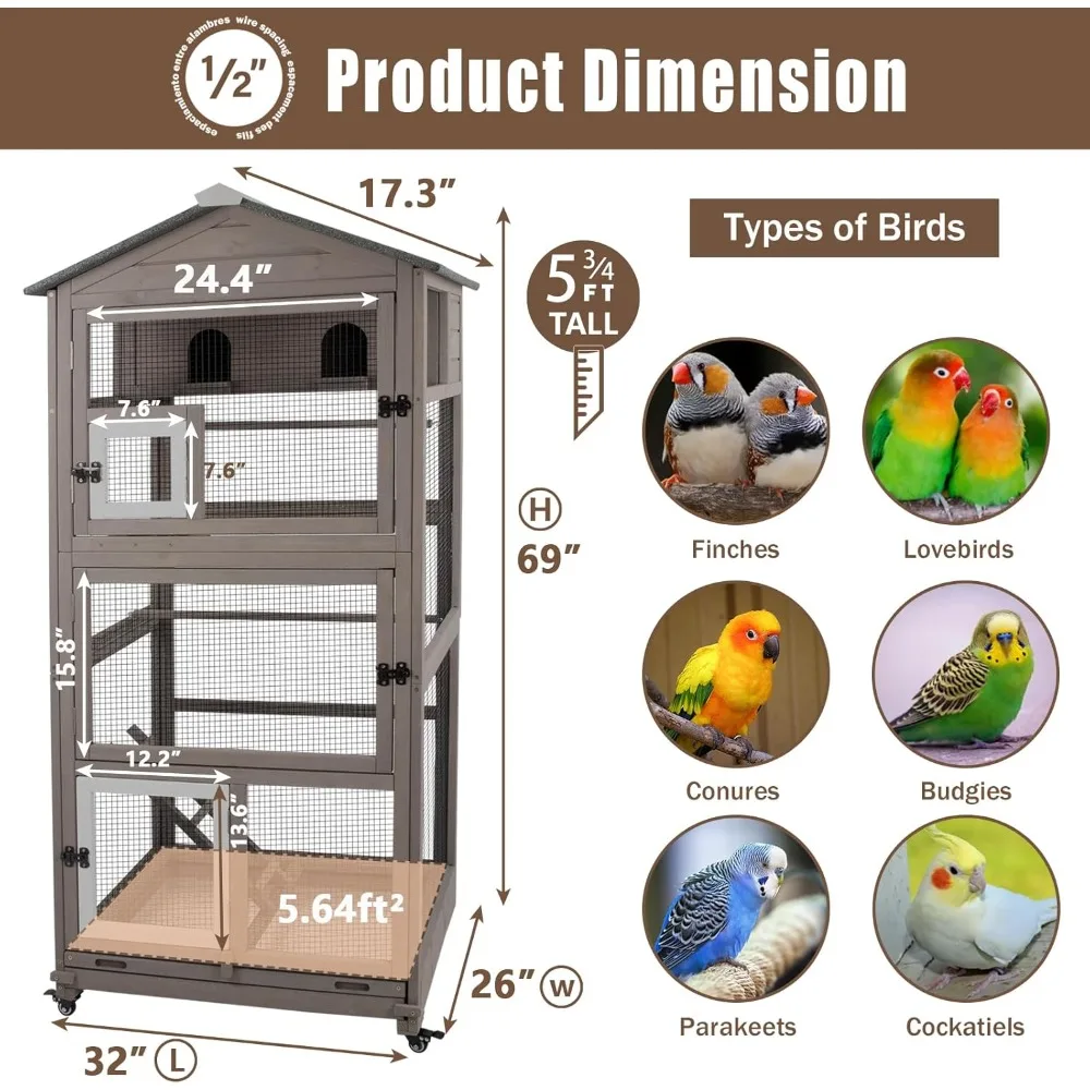 Flight Bird Cage Outdoor Large Wooden Bird Aviary Parrot Cage for Parakeet, Finches and Any Small Birds - Pull Out Wire Netting