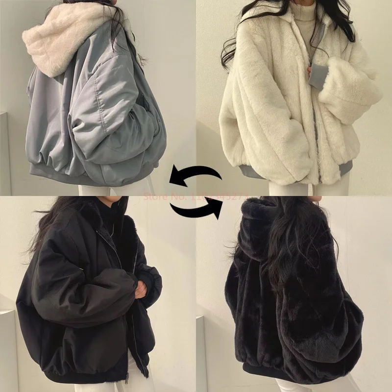 Thick flannel, double-sided wearing lamb wool cotton jacket, women's coat, winter new zipper hooded cotton jacket, top