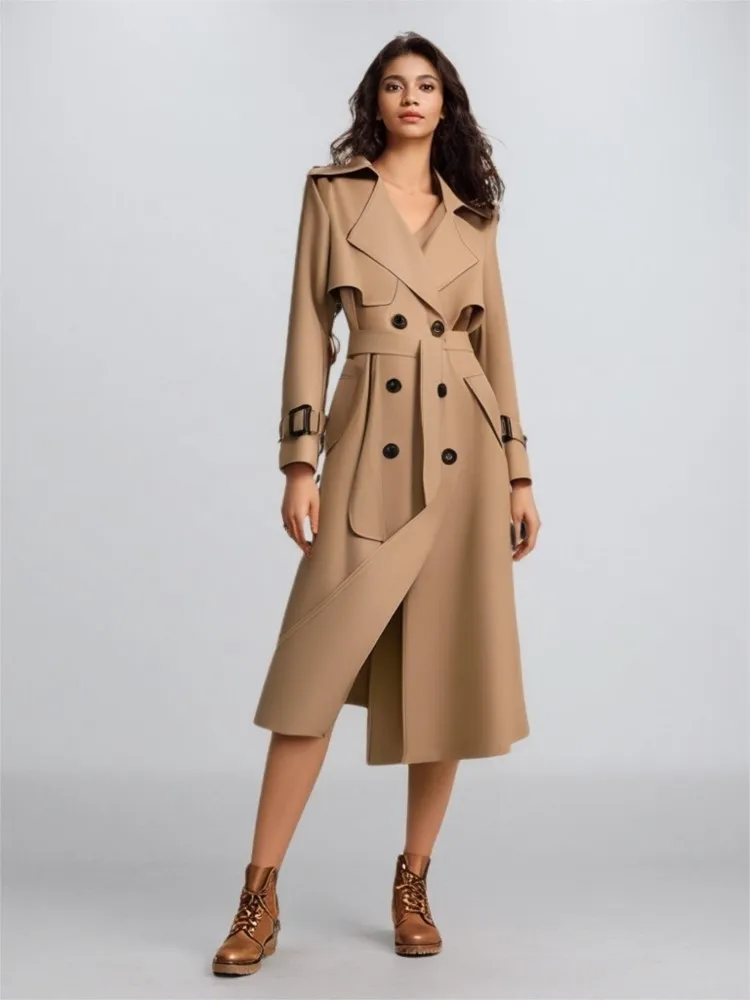 Women's Spring Autumn New Windbreaker Medium To Long Korean Edition Popular British Lace Up Coat Knee Length Coat