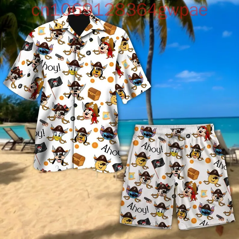 Disney Mickey And Friends Cruise Hawaiian Shirt Pirates Of The Caribbean Mickey Button Up Men and Women Hawaii Shirt Shorts Set