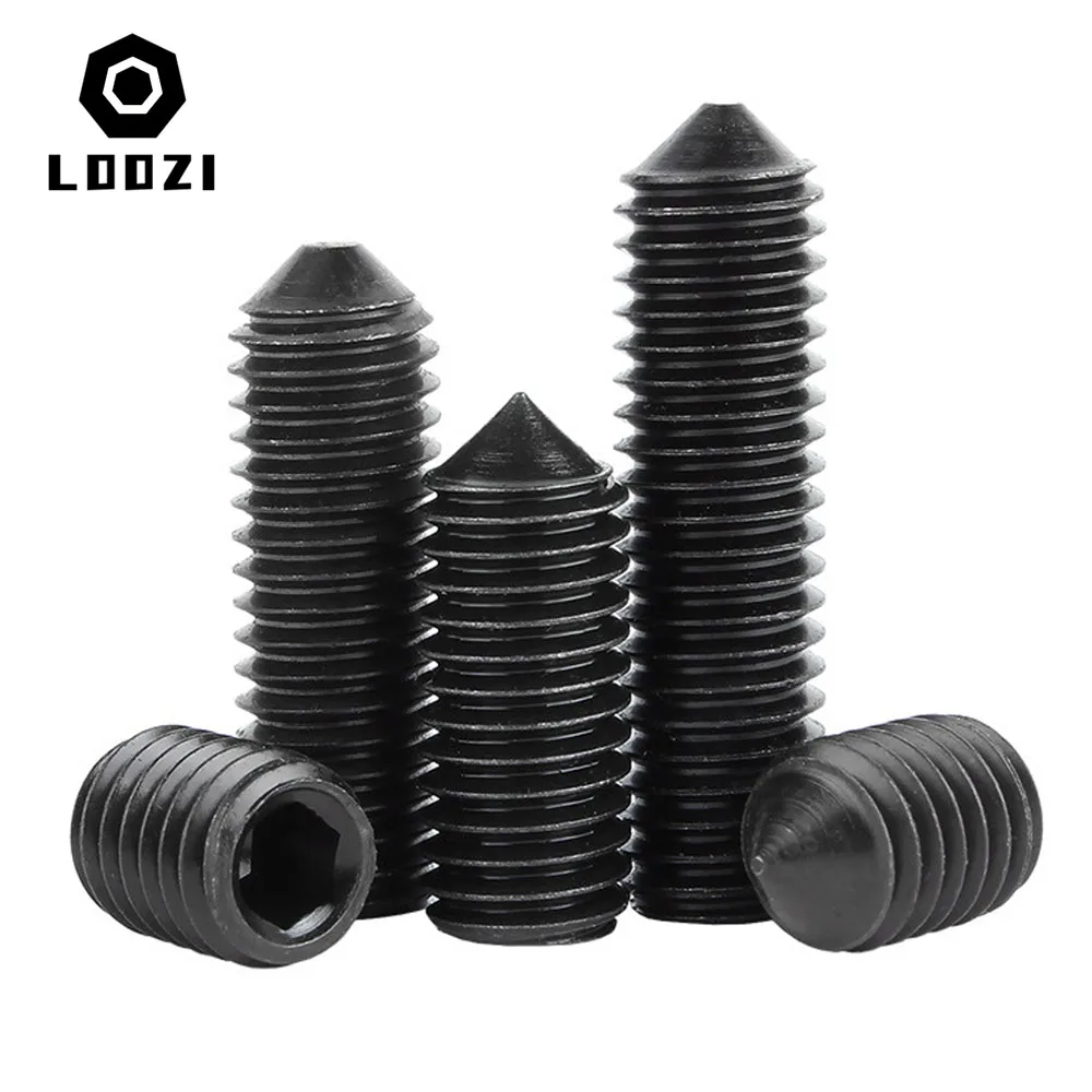 Grade12.9 Sechskant-Innensechskant-Gewindestift aus schwarzem Kohlenstoffstahl mit konischem Punkt, M2, M2,5, M3, M4, M5, M6, M8, M10, Innensechskantschraube mit konischem Ende – Detail 3
