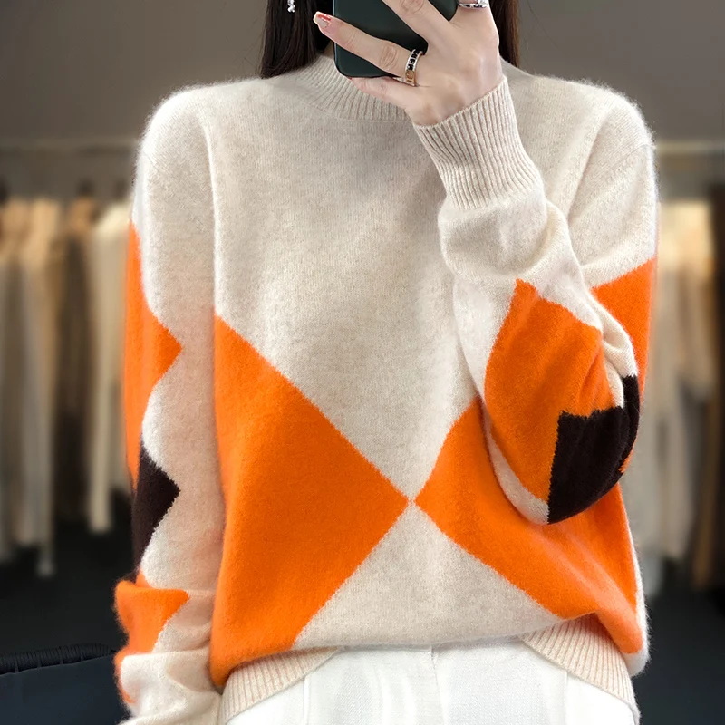 100% Wool Cashmere Sweater Women Loose Casual Knitted Half High Round Neck Pullover 2023 New High Quality Autumn Winter Sweater