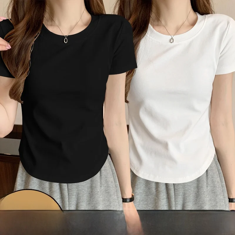Summer Short Sleeve T-Shirt Women's New 2025 Irregular Large Atmosphere Meat Covering Summer Shoulder round Neck Versatile Top