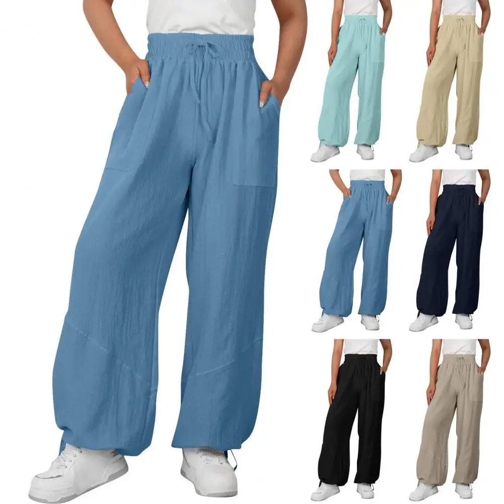 Wide-leg Pants Stylish Women's Harem Pants with Elastic High Waist Lace-up Detail Wide-leg Design Casual Trousers with Pockets