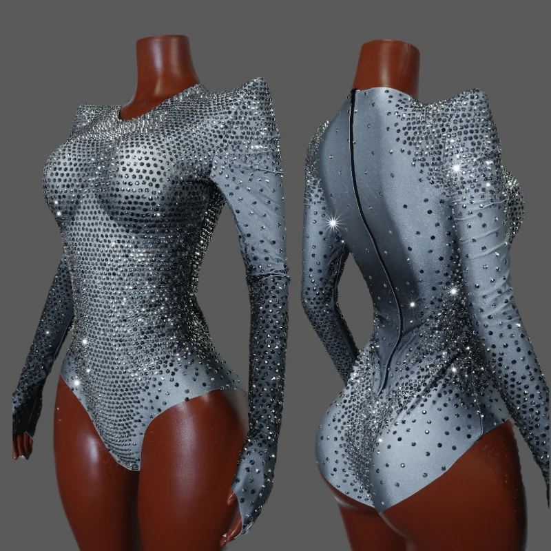

Sparkly Grey Luxury Rhinestones Leotard Group Bodysuit Party Birthday Bar Nightclub Outfit Drag Queen Pole Dance Stage Wear