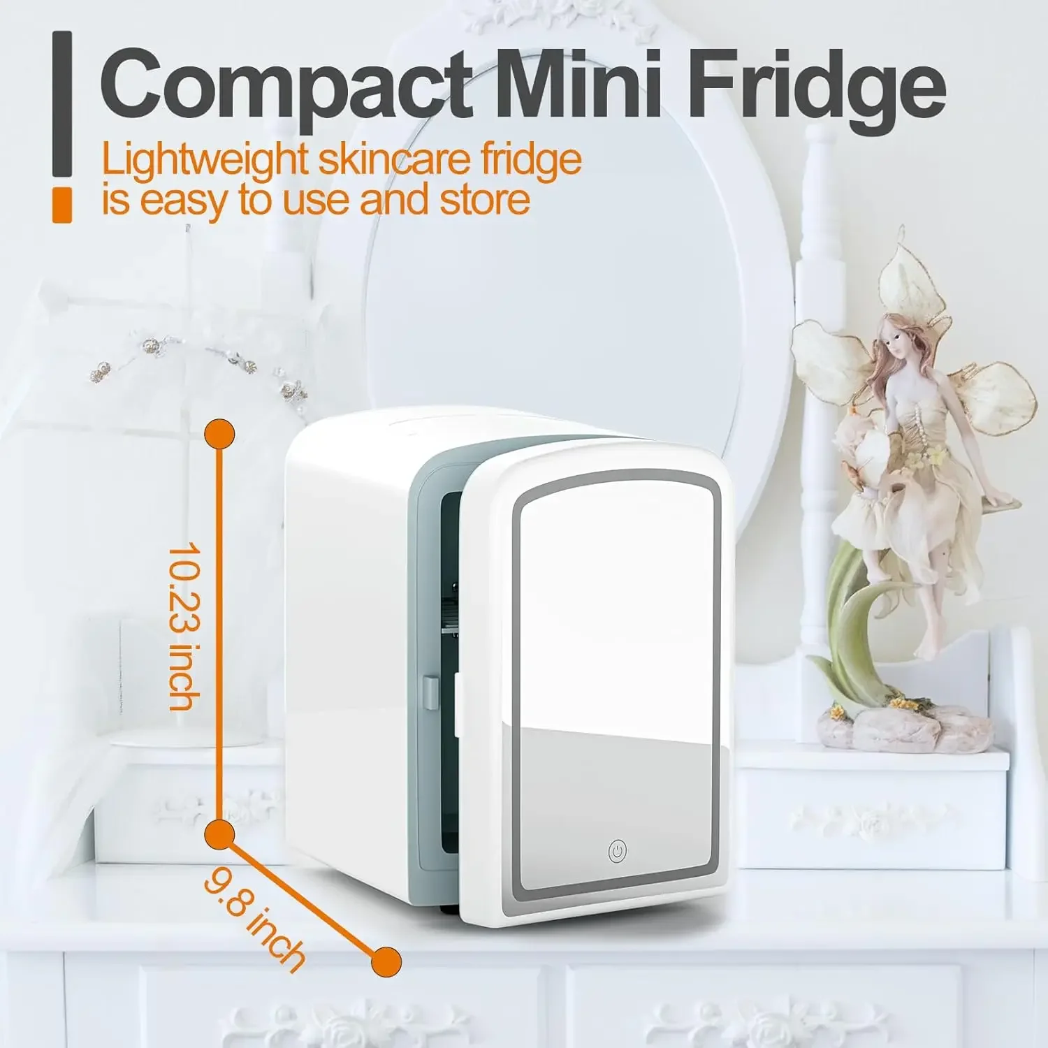 Mini Hot or Cold Personal Beauty Refrigerator with Dimmable Mirror, 4 Liter Small Fridge for Skin Care in Bedroom, Office, or Do