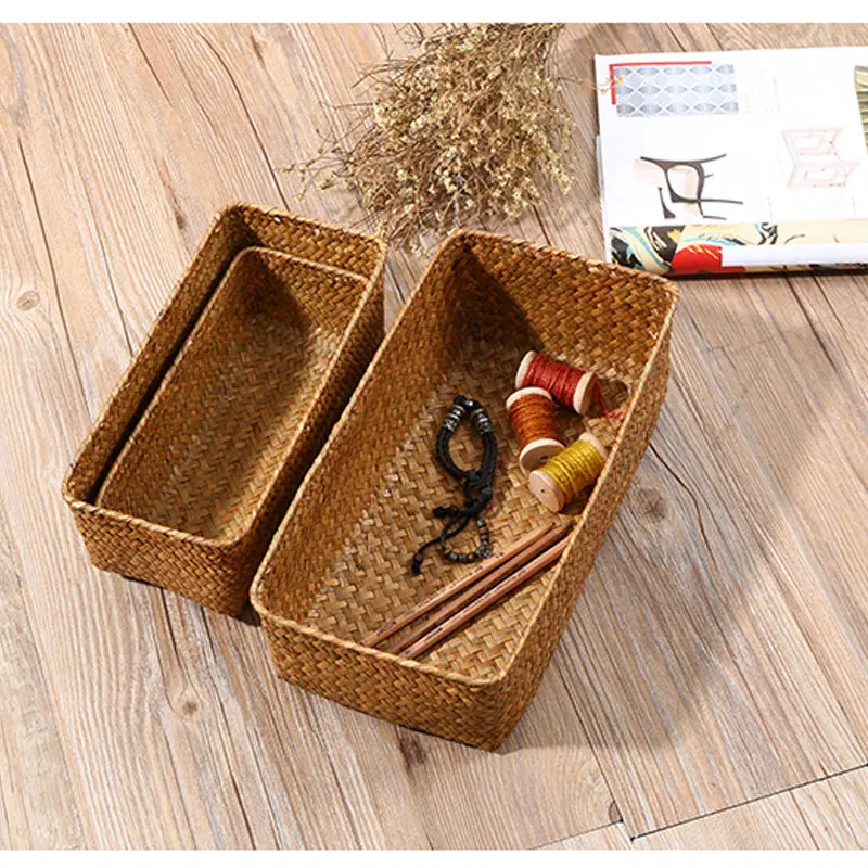 Large Home Storage Basket Box Grass Woven Rectangular Storage Container Sundries Kitchen Drawer Organizer