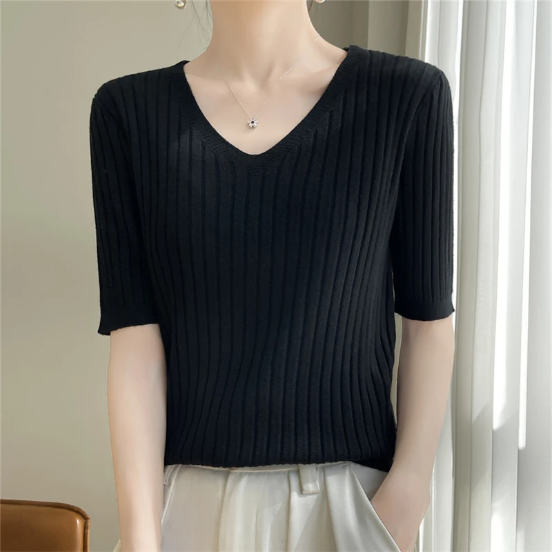 Spring And Summer New Knitted Half Sleeve Women's V-Neck Solid Color Fashion Casual Ice Silk Thin Versatile T-Shirt Knitted Top