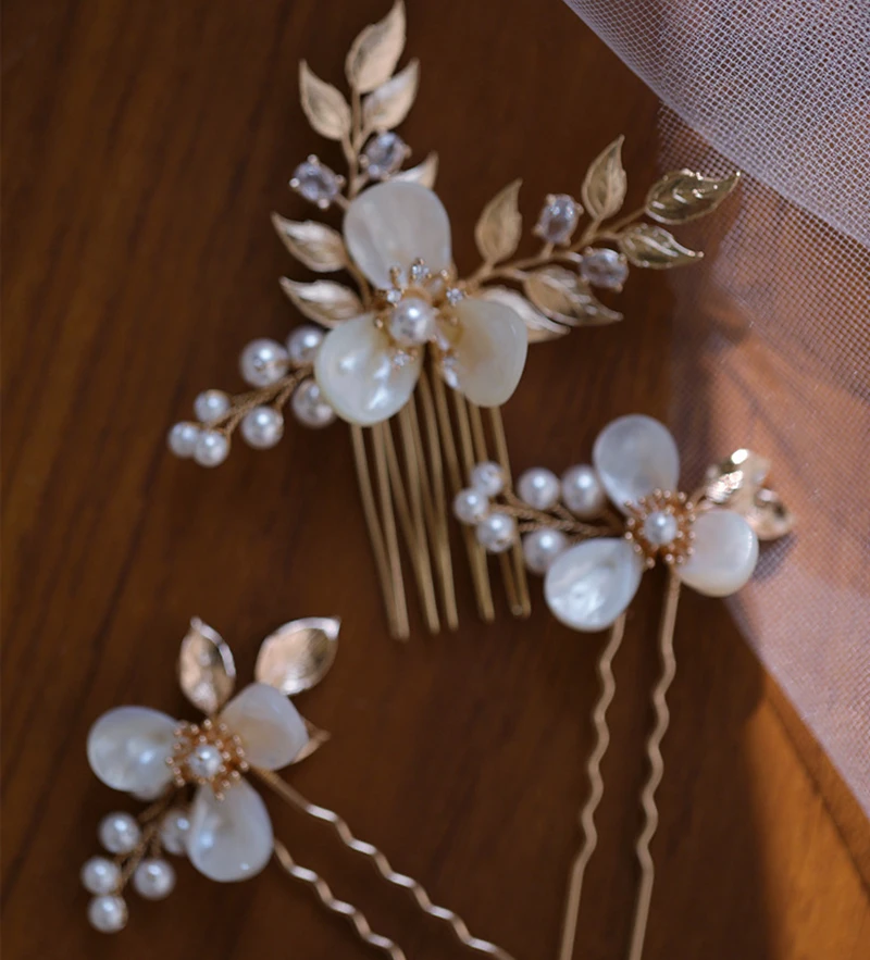 Shell  Flower Bridal Comb Hair Pins Set Gold Silver Color Pearls Jewelry Wedding Prom Women Headpiece Bobby Pin