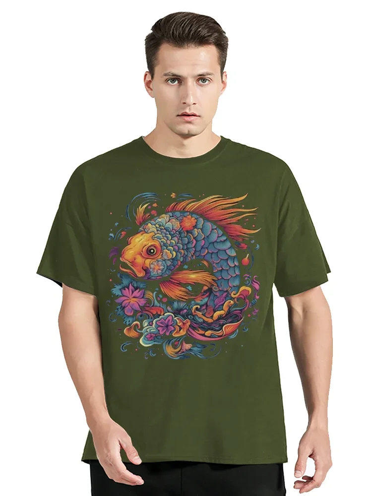 Summer T-shirt Psychedelic Koi Fish Men's Tshirt Cotton Oversized Clothing Fashion O-neck Tops Tees Fitness T Shirt