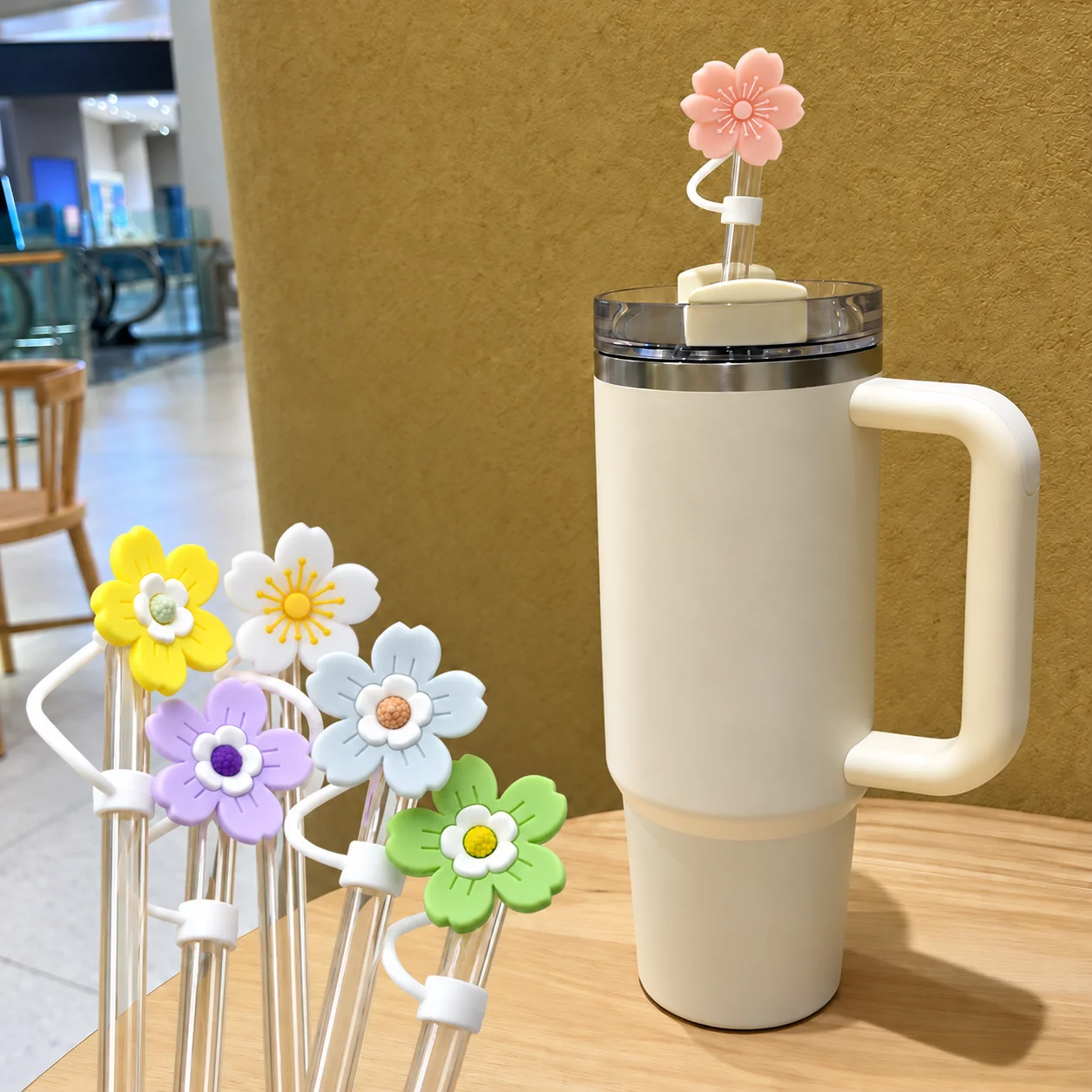 10mm Flower Silicone Straw Covers Straw Tip Caps Reusable Dust Covers for Stanley Straws Cup Accessory with Retaining Loops