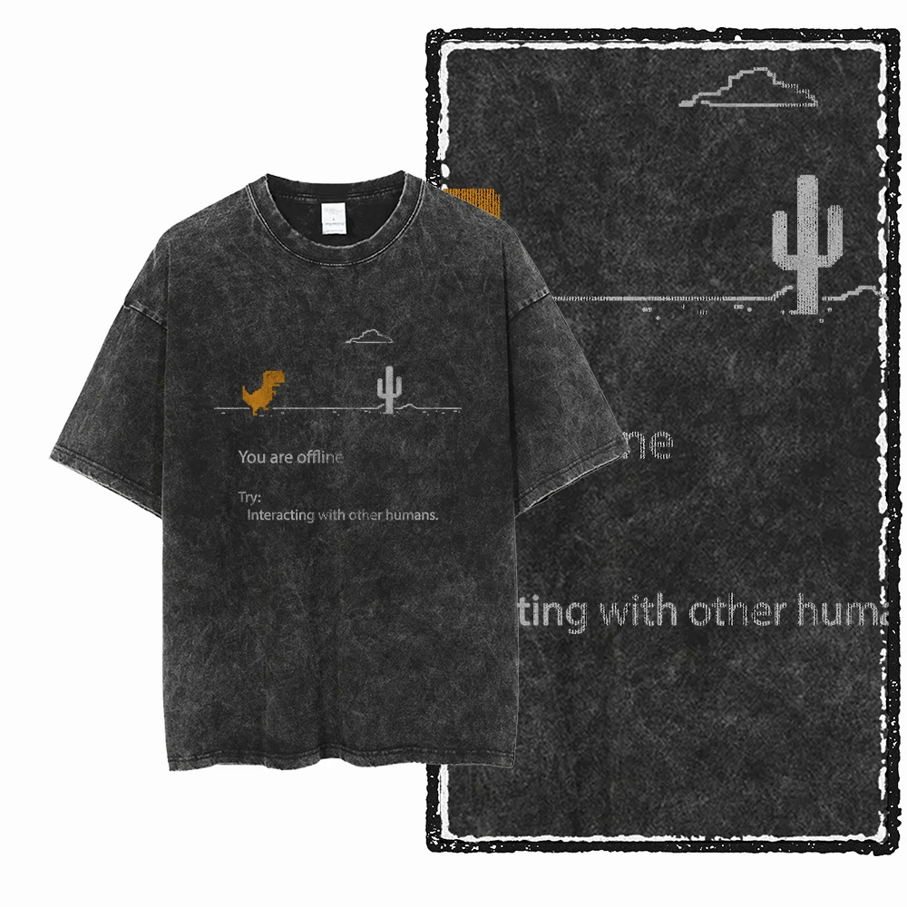 ZH DINO GAME THEME Printed Cotton Acid Washed Exclusive Graphic Unisex T Shirt Cool Streetwear Men Tshirts Big Size Tee for men image 3