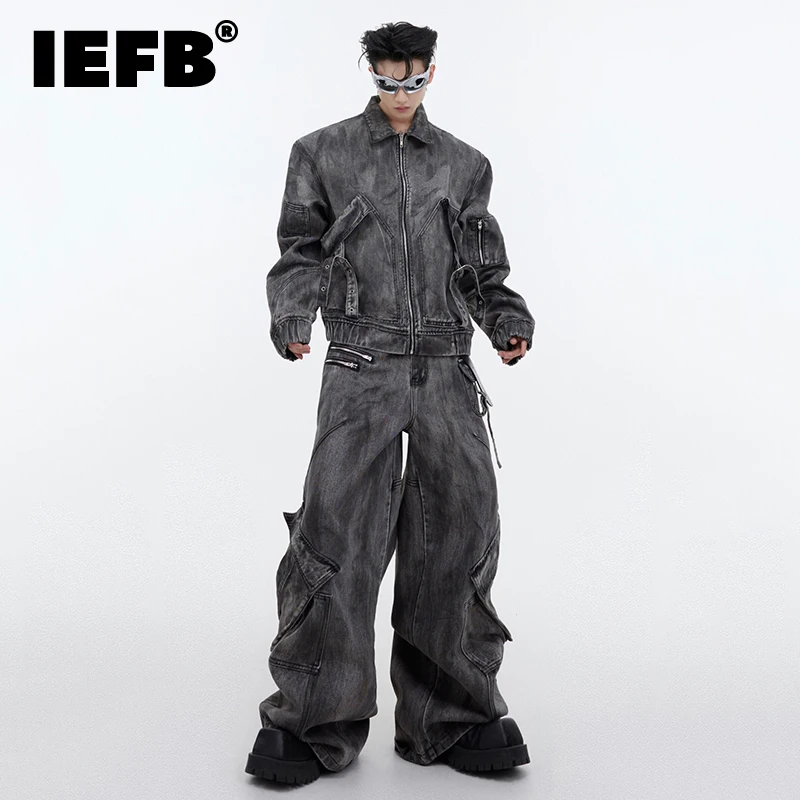 IEFB Men's Baggy Jens Sets Niche Design Vintage Denim Jacket Loose Oversize Denim Overalls Fashion Trend Male Two Piece 9C1944