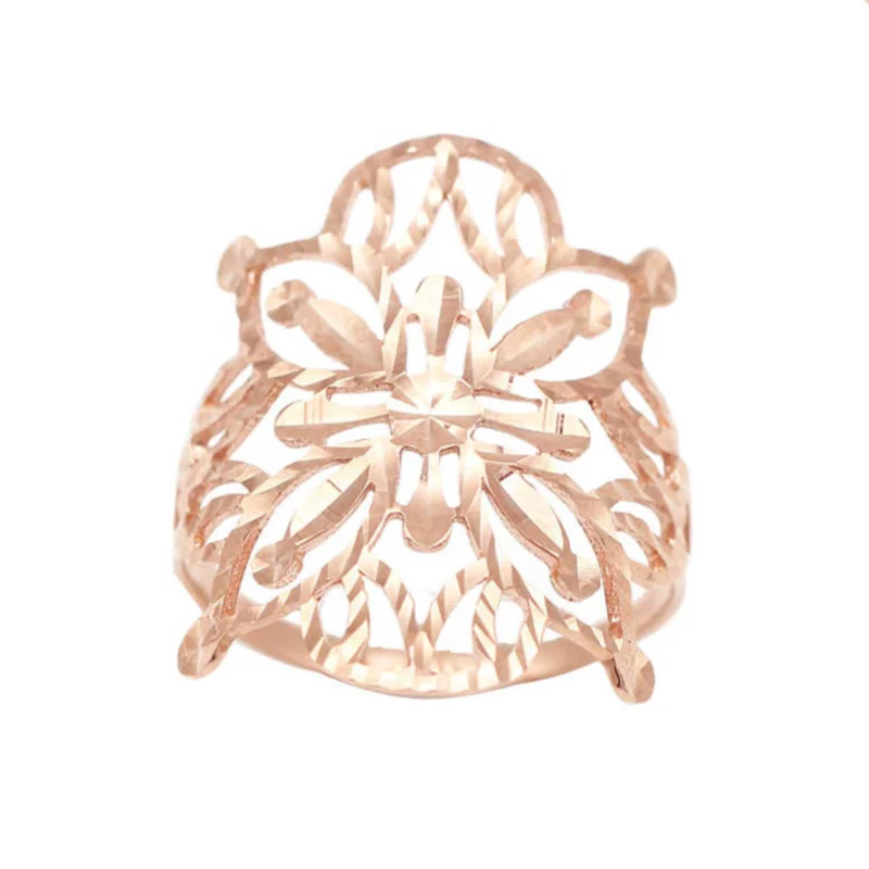 585 Purple Gold Plated 14K Rose Gold Hollow Flower Piece Shiny rings for women Adjustable Charm Elegant engagement ring Jewelry