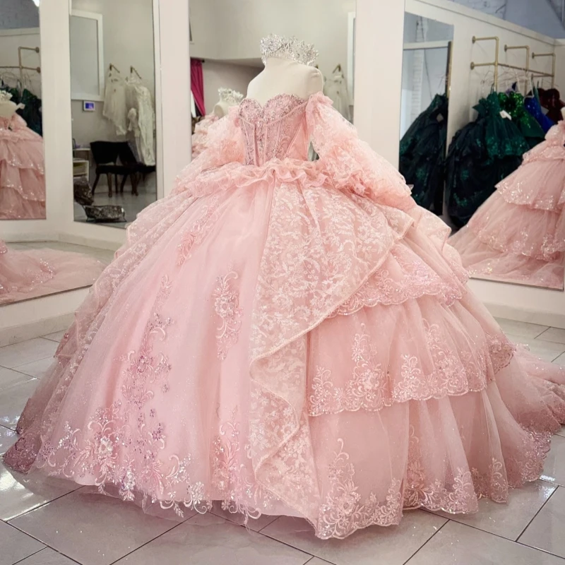 

Light Pink Shiny Ball Gown Quinceanera Dresses Off The Shoulder Sequin Applique Lace Beads Tiered Tull Party Birthday Sweet 16
