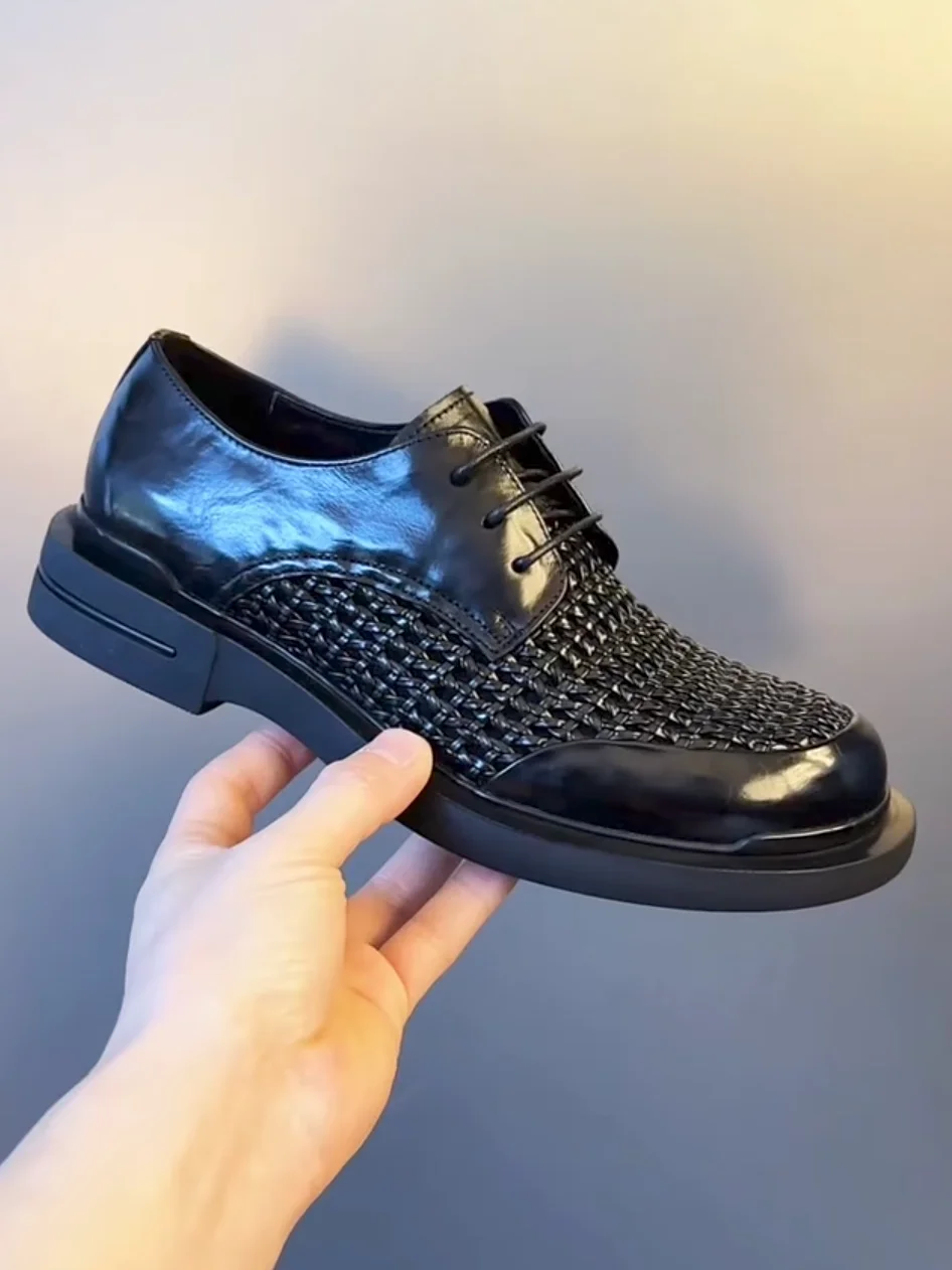 

Удобные повседневные мужские туфли из натуральной кожи, плетеные, высококачественные, люксовые, легкие, модные, для делового повседневного стиля, с круглым носком