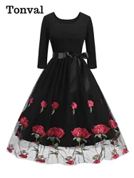 Tonval O-Neck Rose Flower Mesh Embroidered Elegant Dresses Women Autumn Belted Evening Vintage Prom Party Black Pleated Dress