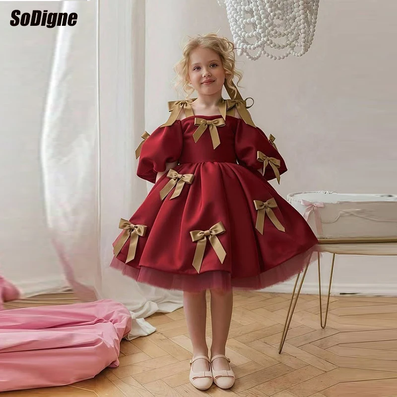 

Платье для девочек SoDigne А-силуэта из атласа, красное, с пышными короткими рукавами, 2026, юбка для девочек, праздничные платья, детское платье на заказ