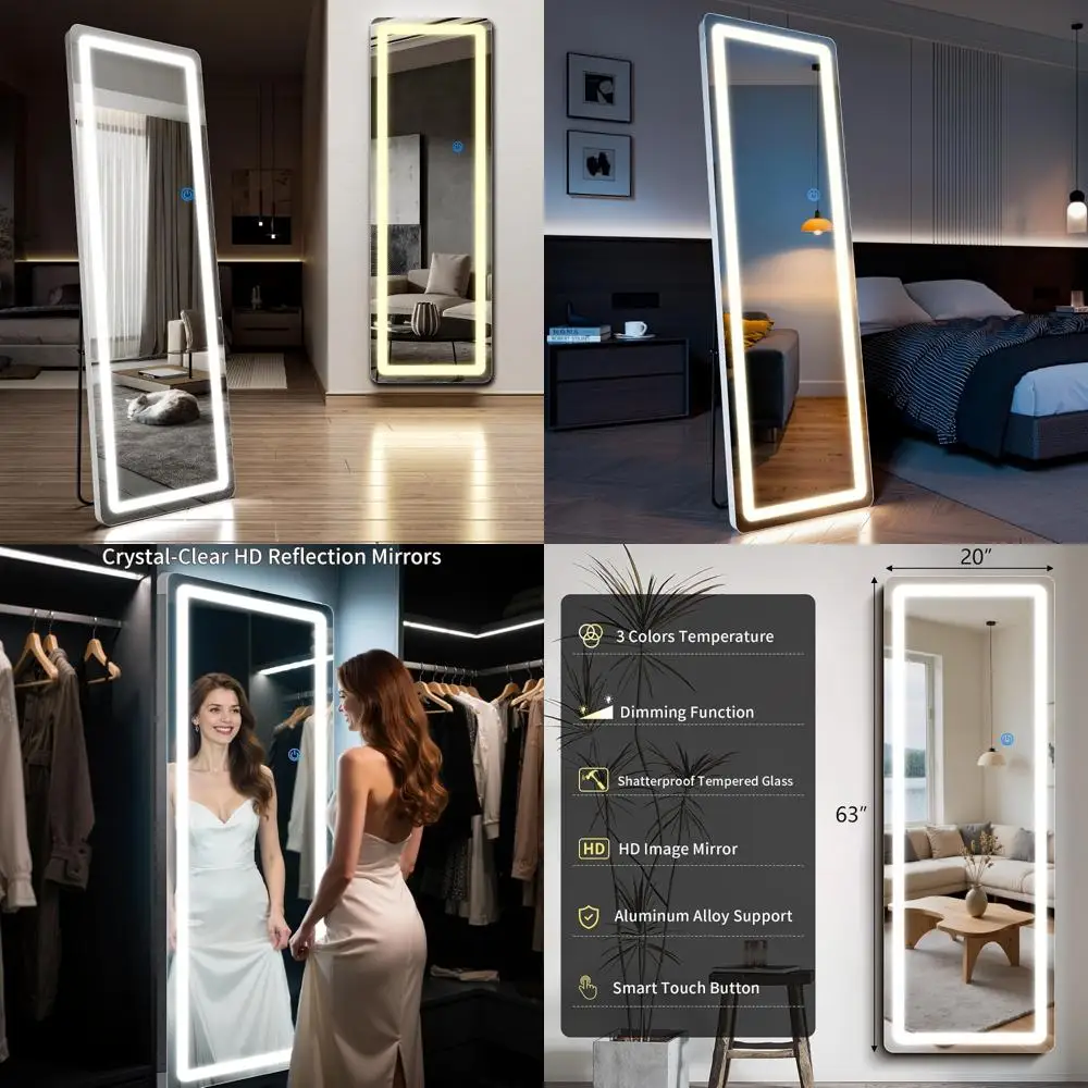 LED-Bodenspiegel in voller Länge 63 x 20, abgerundete Ecken, dimmbare 3-Farben-Beleuchtung, Stand-In-Ganzkörperspiegel