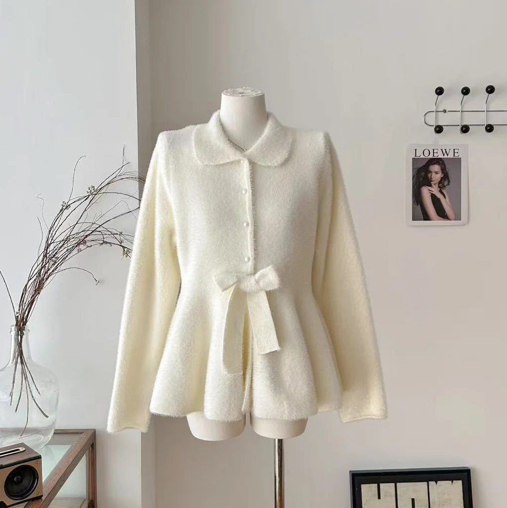 

Женский осенне-зимний милый кардиган с воротником Питера Пэна и длинными рукавами с рюшами по подолу, женский милый однотонный однобортный кардиган