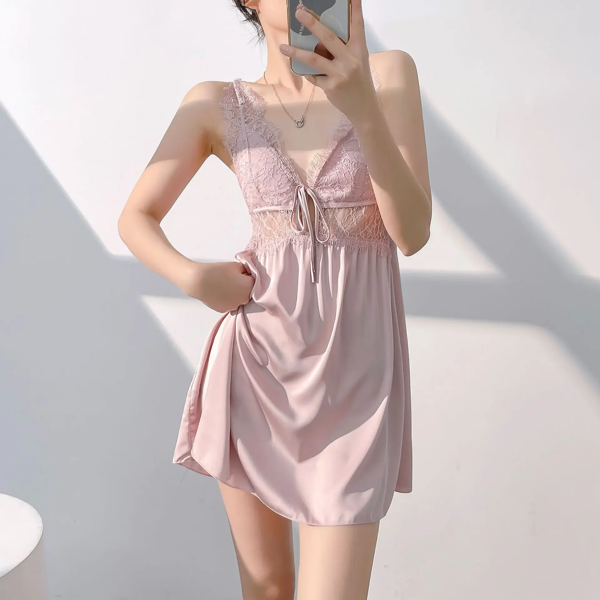 

Сексуальная ночная рубашка с кружевным ремешком, летняя женская атласная ночная рубашка, ночная рубашка, платье с открытой спиной, домашняя одежда для отдыха, платье