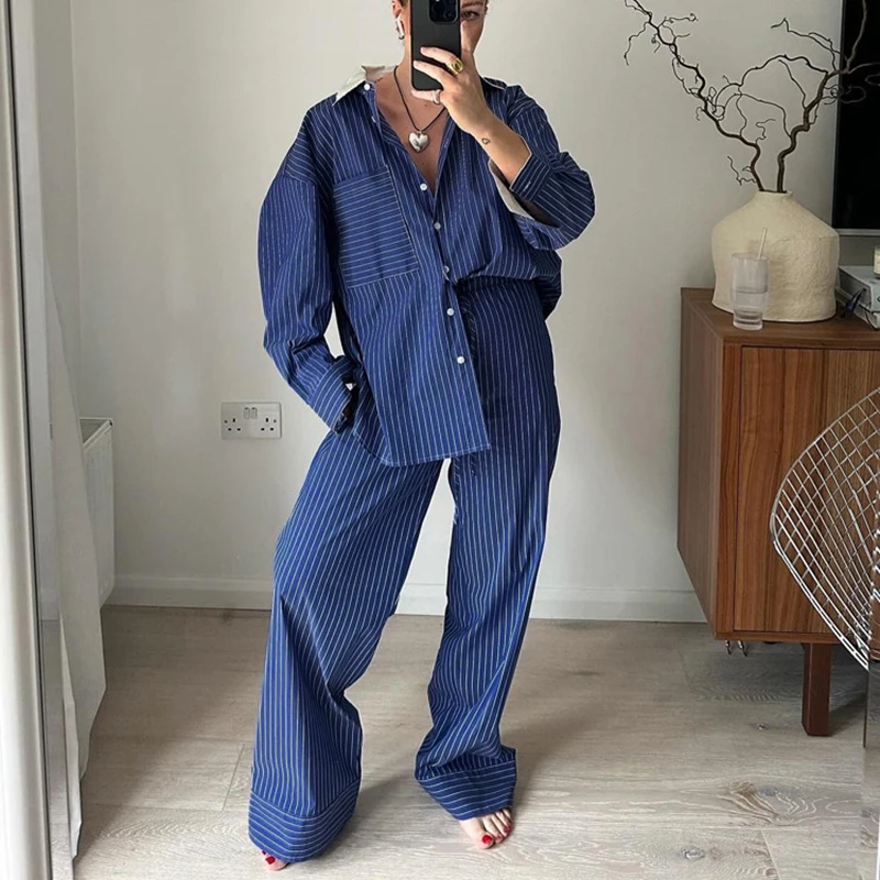 Spring Autumn Blue Stripe Casual Two Piece Wide Leg Pants Set New  Popular Black and White Contrast Lapel Two Piece Women Set