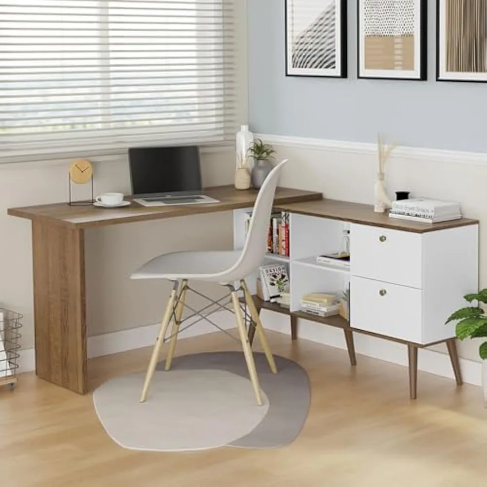 Computer Desk Modern L Shaped 59 Inch with 2 Drawers and 4 Storage Shelves Home Office Corner Study Table Unit- White/Brown