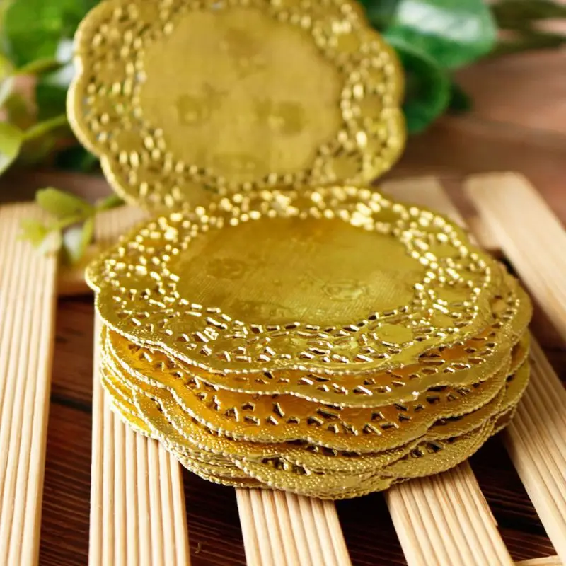 50Pcs 3.5 Inch Hollow Floral Round Lace Paper Doilies Party DIY Gold Placemat