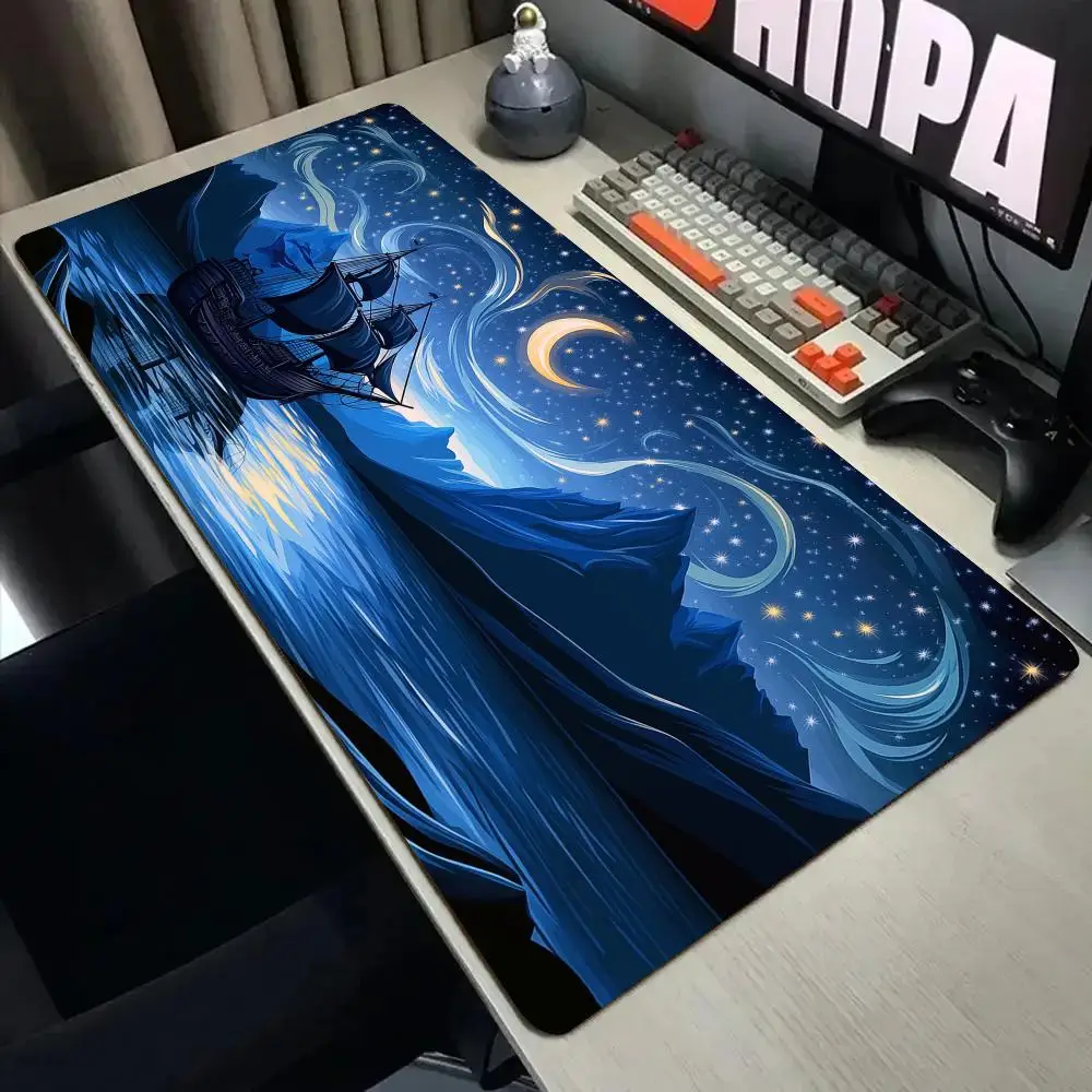 Moonlit night and sailboat Mouse Pad Desk Mat with Stitched Edge xxl mousepads Rubber Anti-slip gamer Keyboard Rug gaming mats