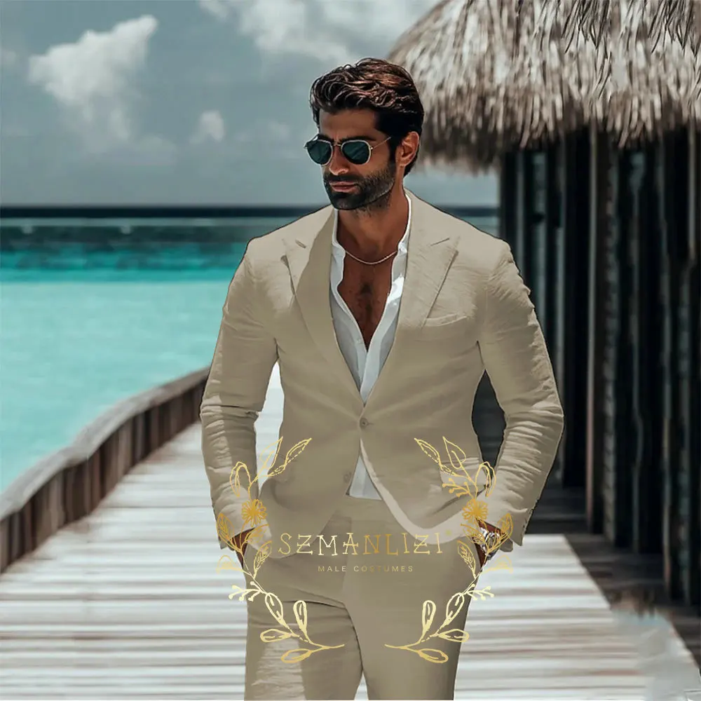 

Beige Linen Suits For Men 2 Pieces Beach Wedding Party Tuxedos Casual Linen Male Jacket Blazer Pants Costume Homme Mariage