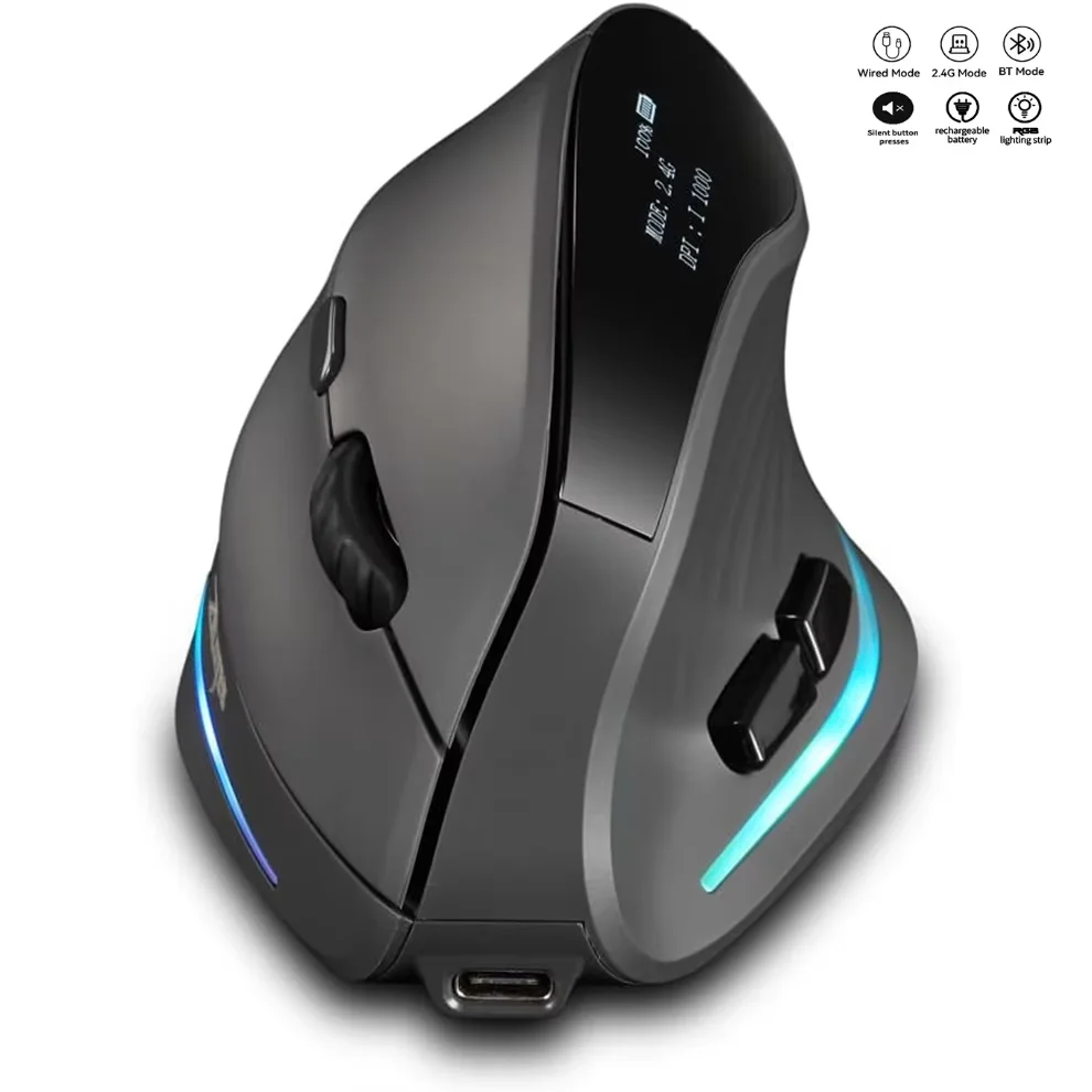 Ergonomic Bluetooth Wireless Mouse with Display Rechargeable 6-Button Vertical Computer Mouse Programmable for PC Laptop