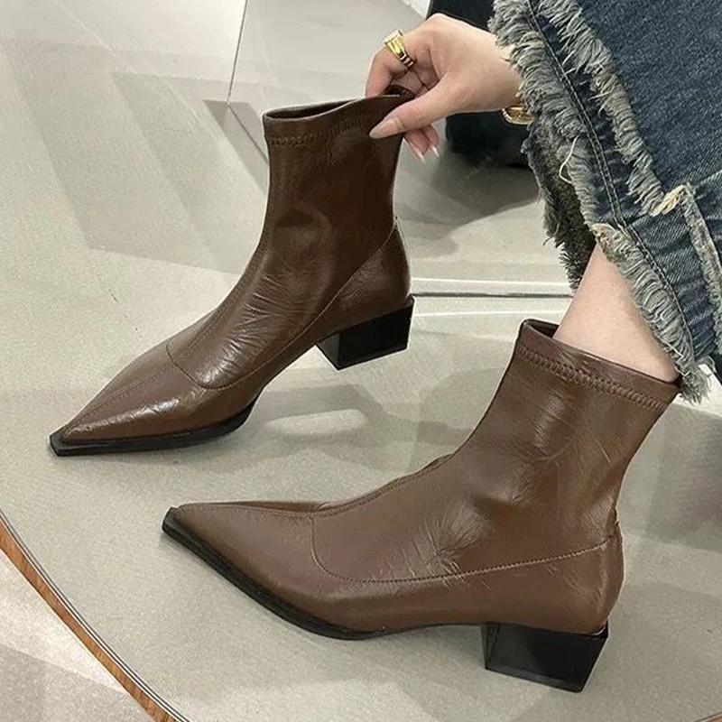 Sexy Pointed Toe Ankle Chelsea Boots Mid Heels Women Chunky Shoes 2024 Fashion Luxury Pumps Dress Shoes Trend Female Zapatos