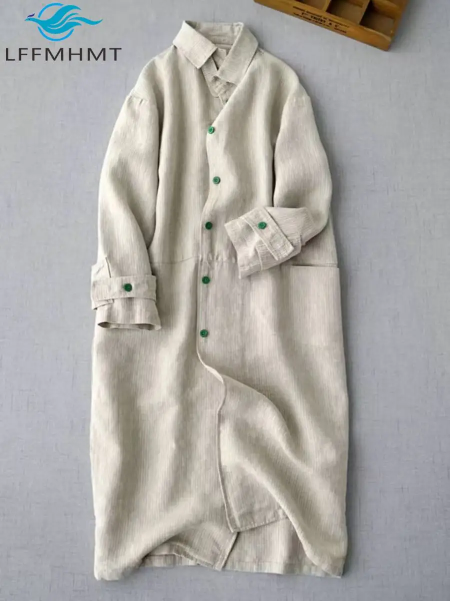 

Весенне-осенняя модная женская свободная однотонная длинная льняная ветровка в корейском стиле, Тренч с длинными рукавами, полосатое свободное пальто