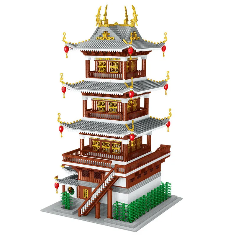 China Style Architecture Architecture Mini Block Sandalwood Tower Assemble Model Moc Building Brick Toy Collcetion For Gifts