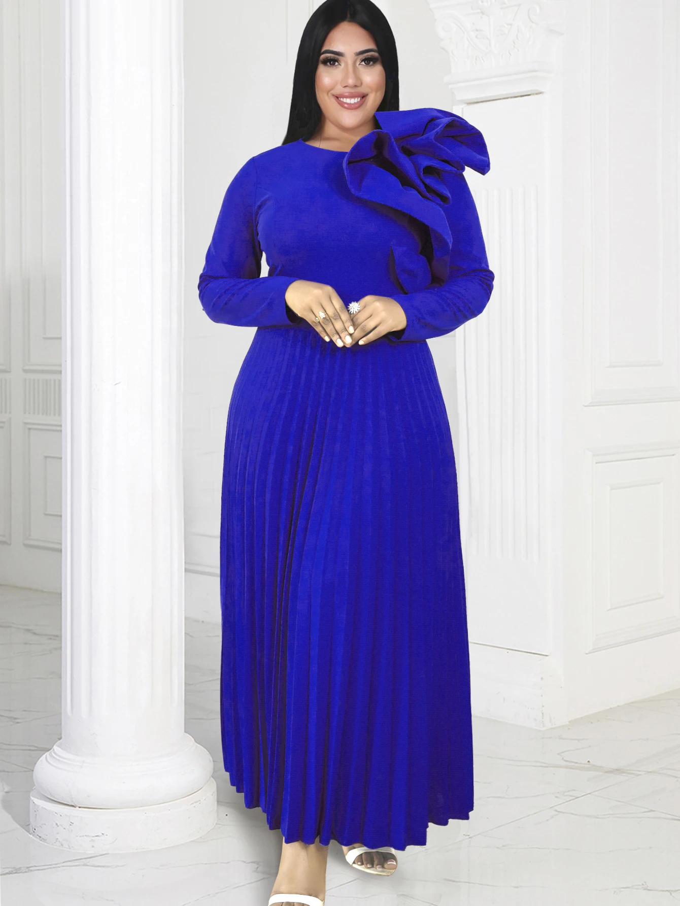 Blue Pleated Dress for Women Plus Size O Neck Long Sleeves Ruffles Empire Celebrate Birthday Wedding Event Long Prom Outfits 4XL